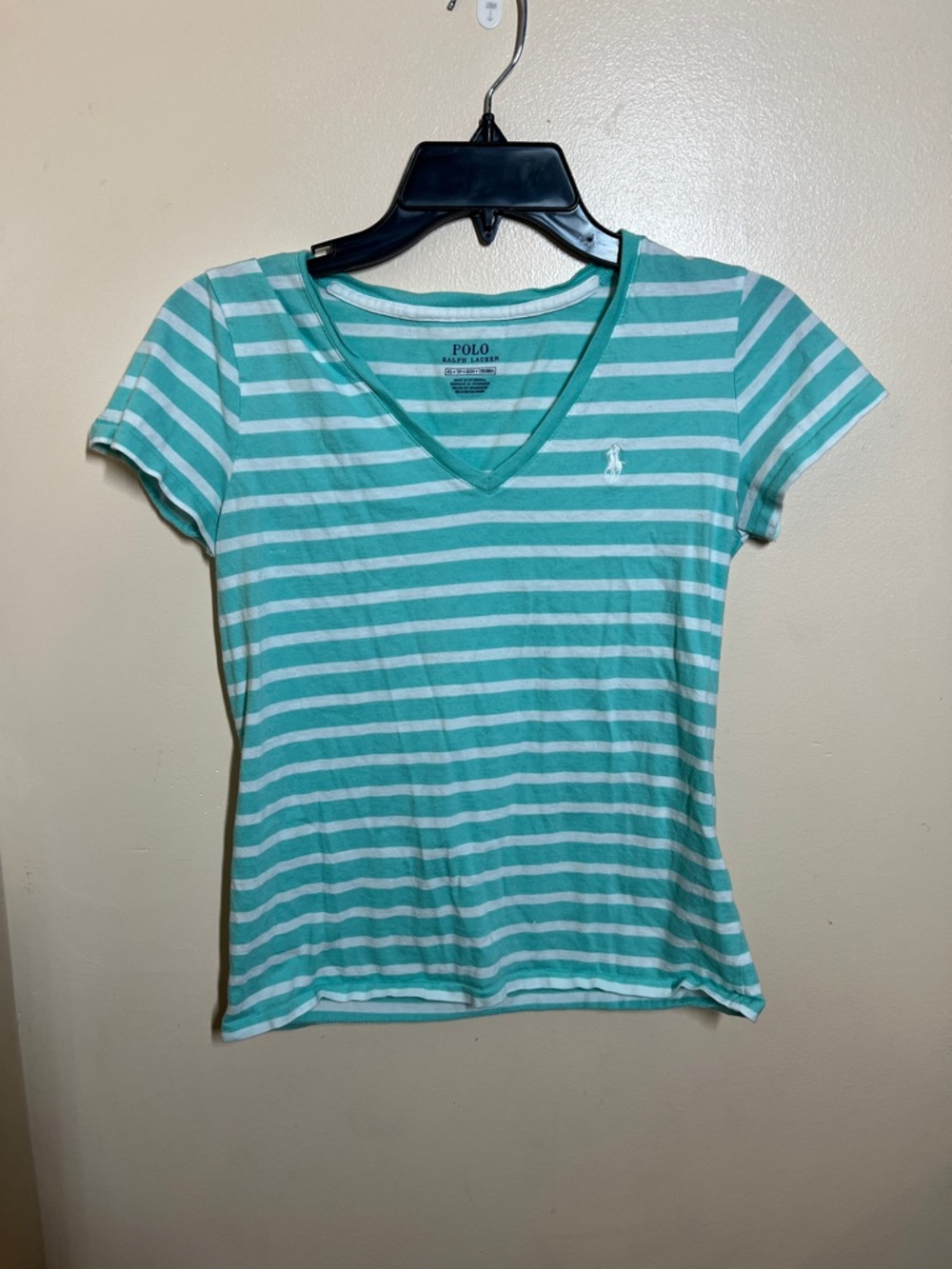 Polo by Ralph Lauren Mint Green & White Striped V-Neck Tee